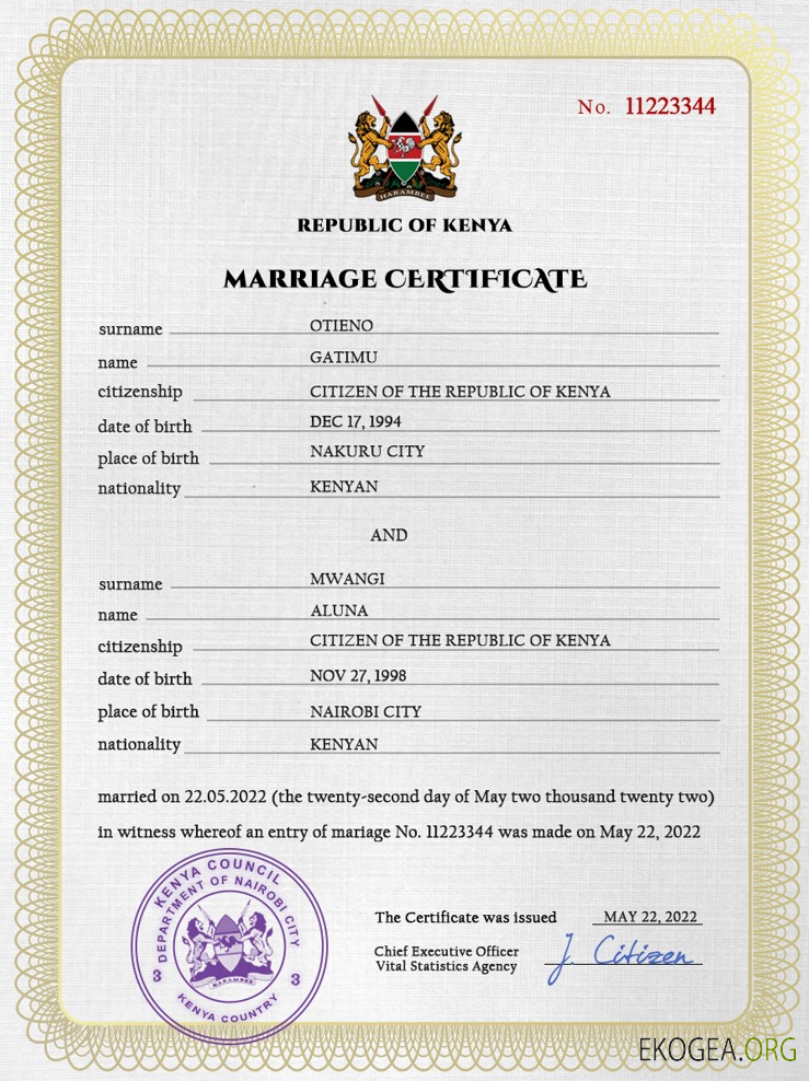 Modèle PSD de certificat de mariage au Kenya